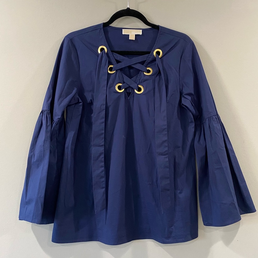 Micheal Kors Navy Blue Lace Ruffle Tunic Top Sz M